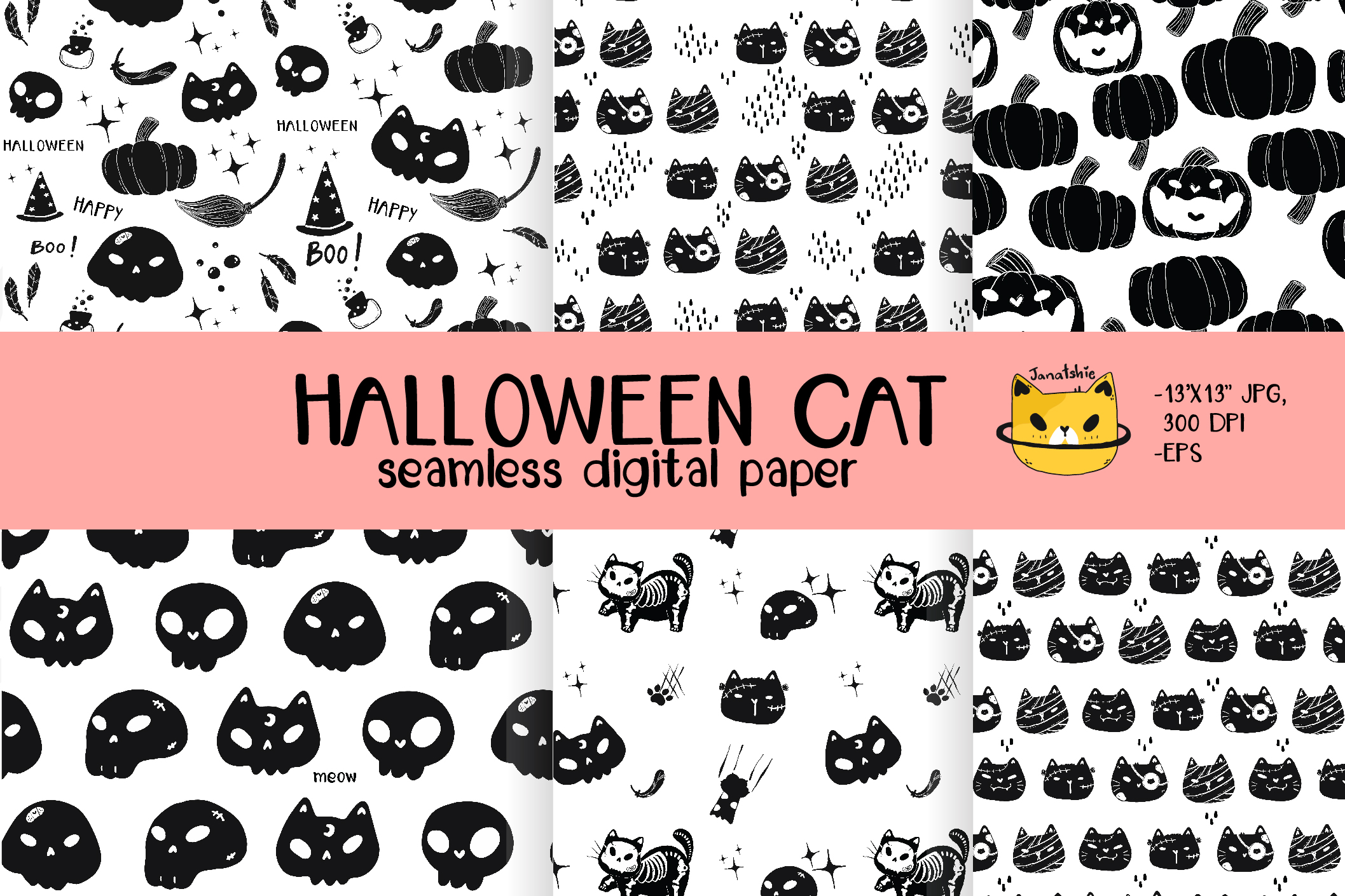 Halloween Cat Seamless Digital Paper Graphic by Janatshie · Creative ...