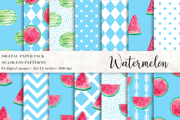 Watercolor Watermelon Digital Papers Grafika Papierowe Wzory Przez BonaDesigns