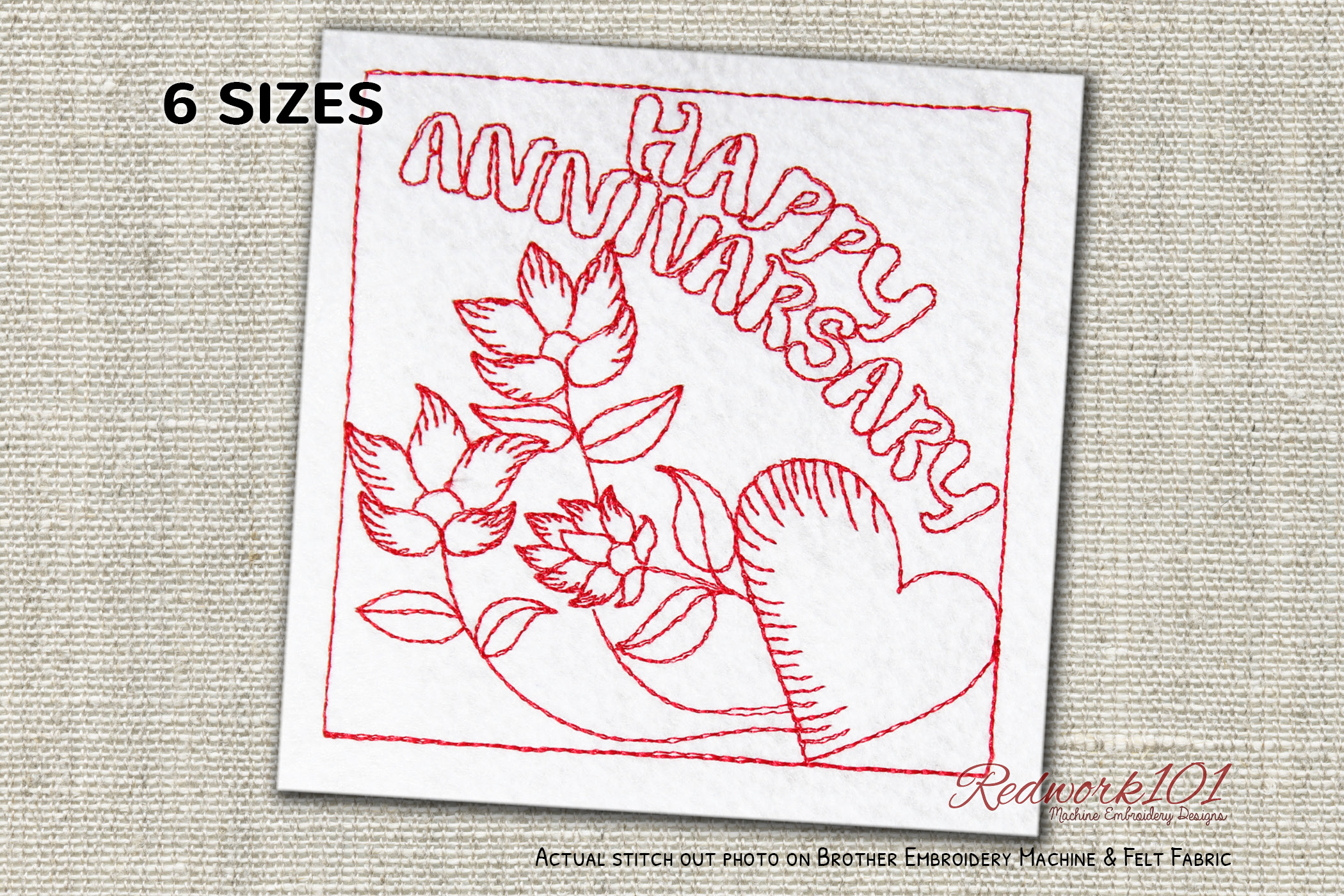 Flower in Happy Anniversary Redwork