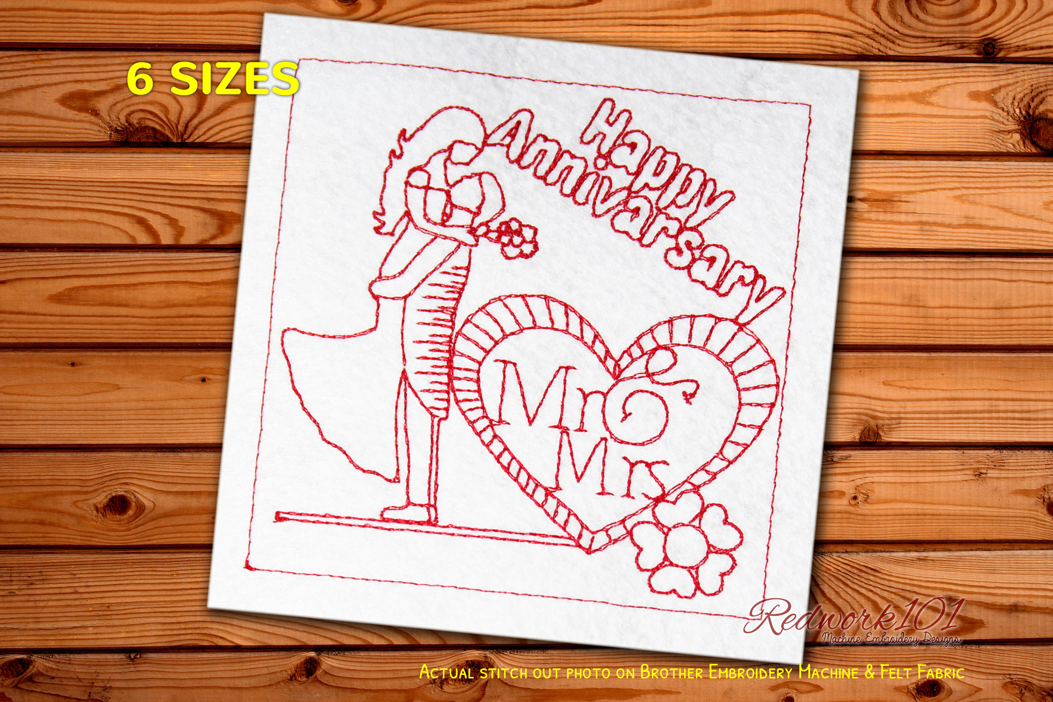 Mr. and Mrs. with Decorated Hearts Redwork