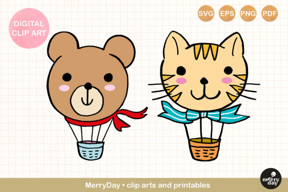 Bear Cat Hot Air Balloon Whimsical Art Graphic Illustrations By MerryDay