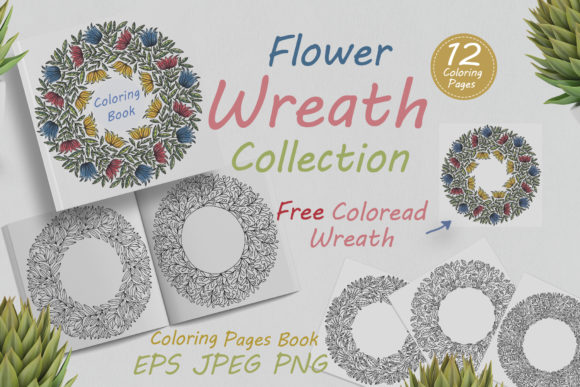 Hand Drawn Wreath with Abstract Flowers Graphic Coloring Pages & Books Adults By FolkStyleStudio