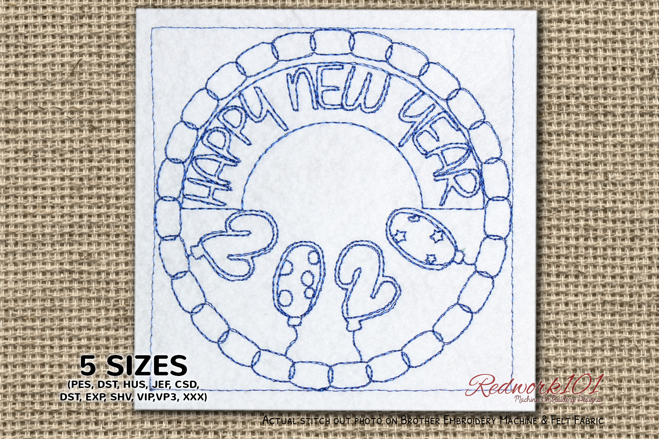 Circular Happy New Year 2020 Redwork