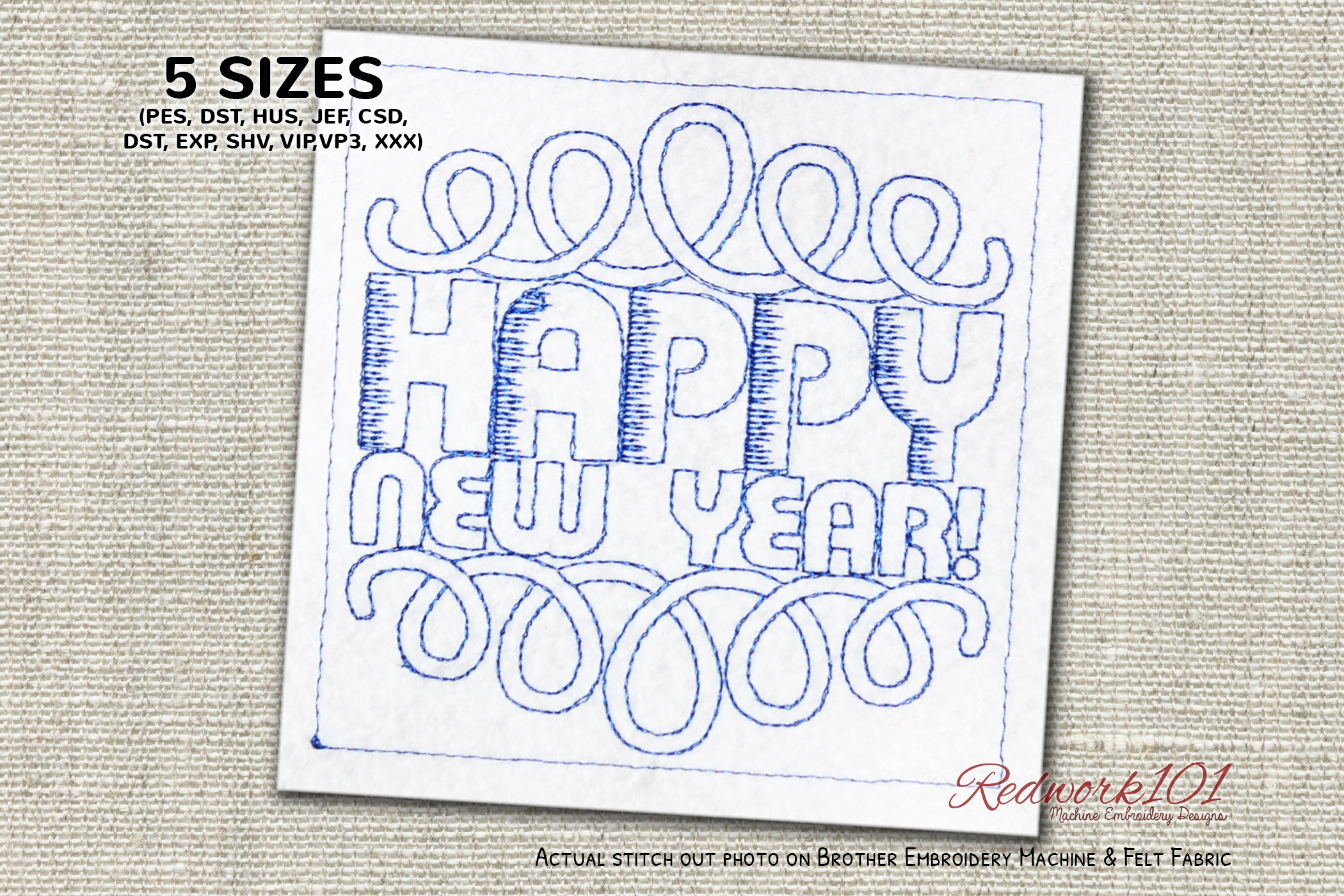 Happy New Year Pattern Redwork