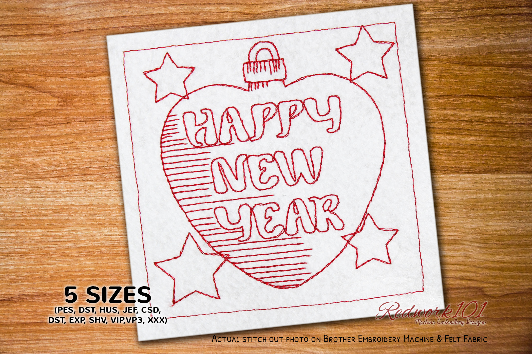 Happy New Year with Heart Design Redwork