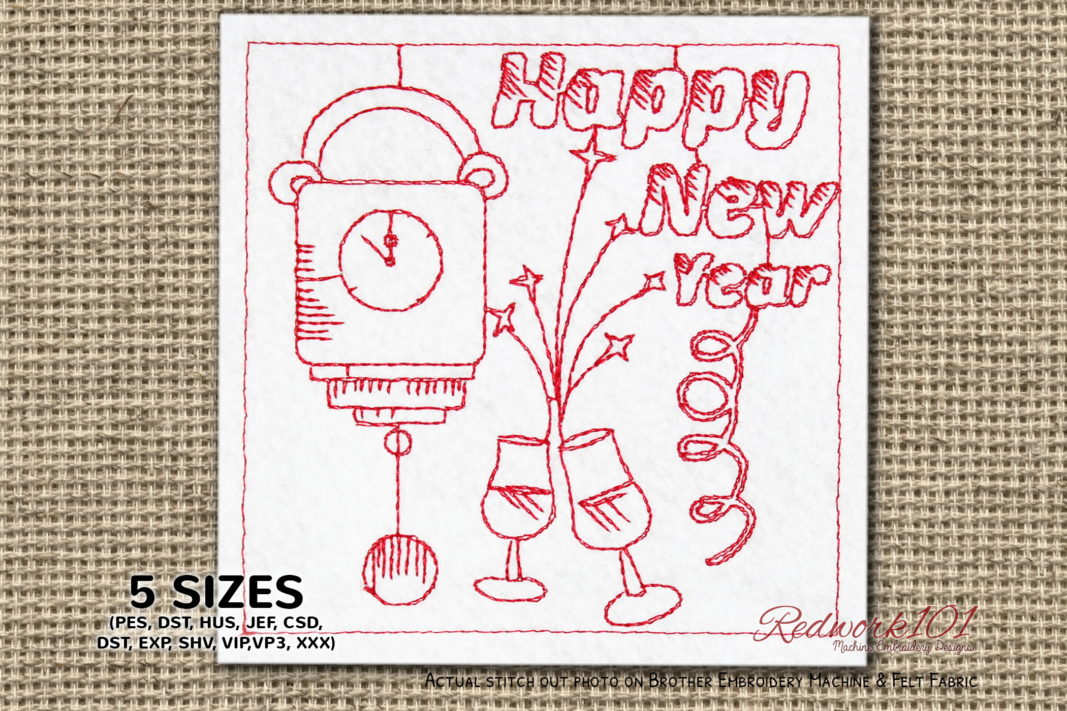 Midnight Clock Happy New Year Redwork
