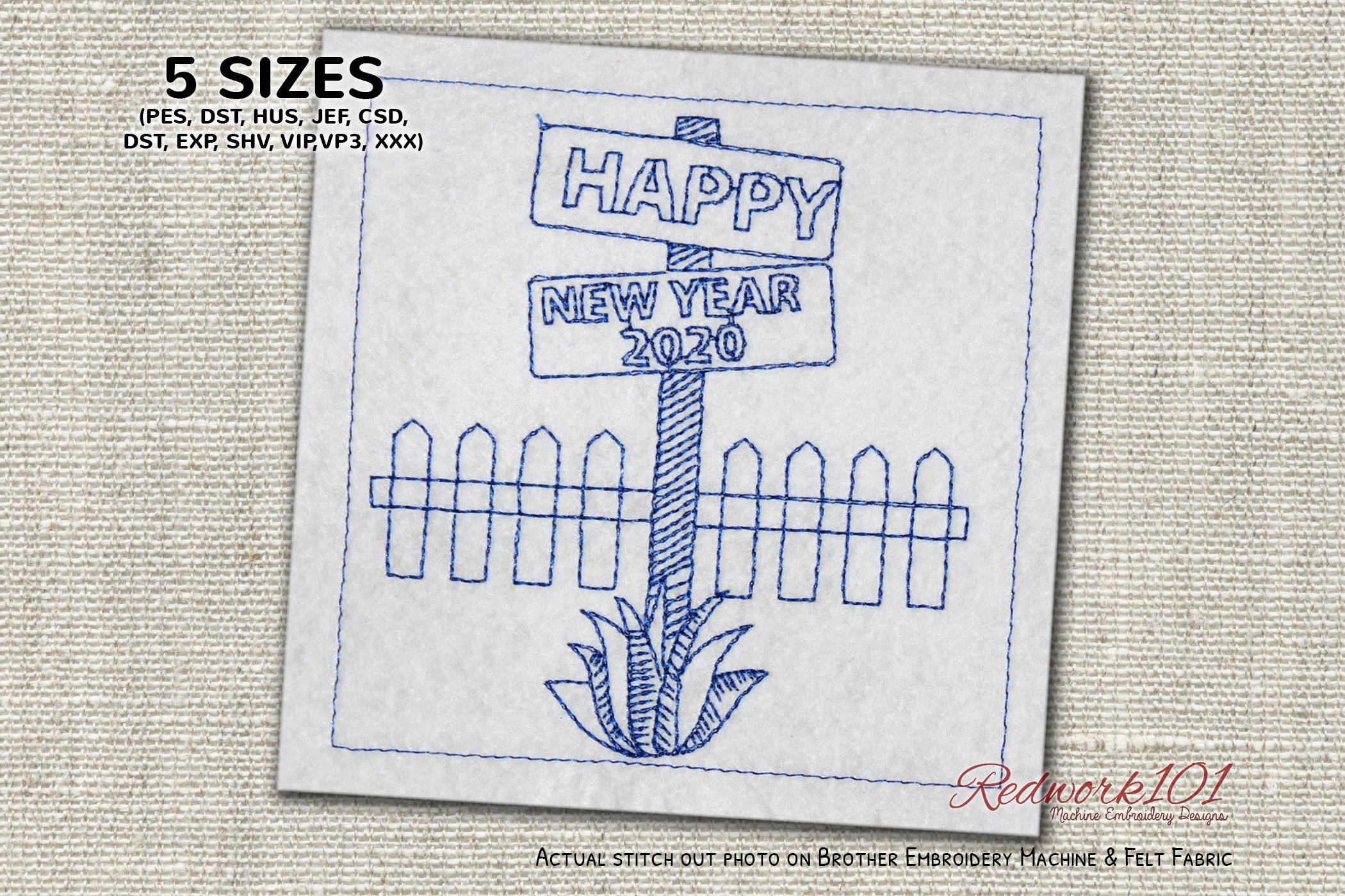 Sign Board with New Year Text Redwork