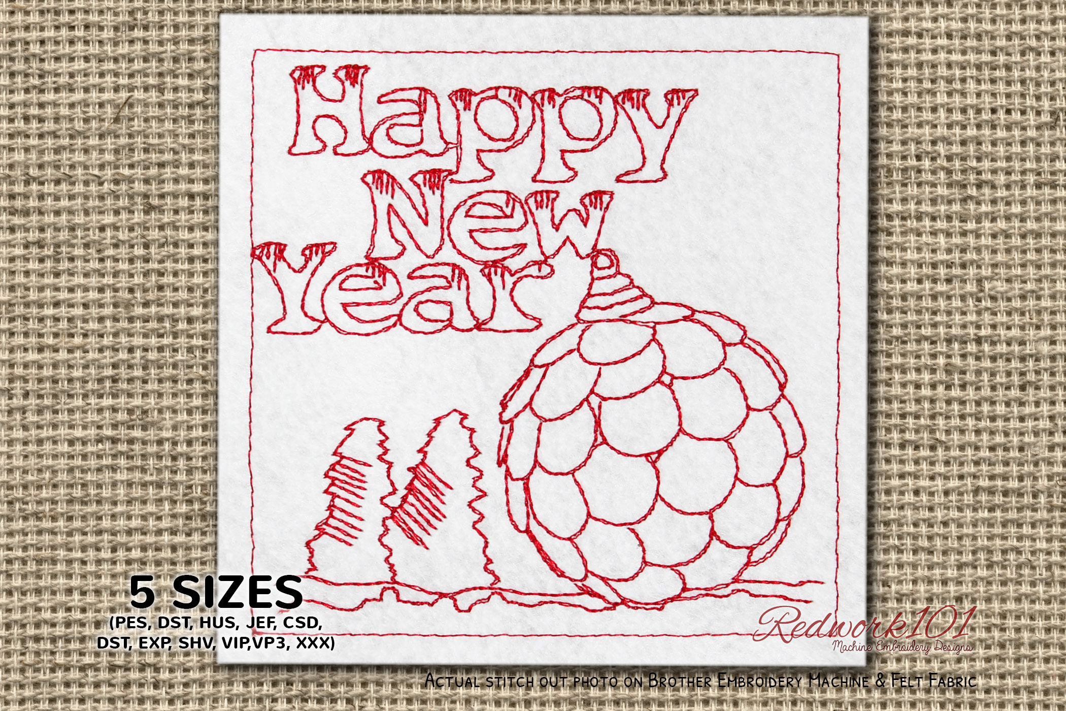 Happy New Year Hanging Baubles Redwork