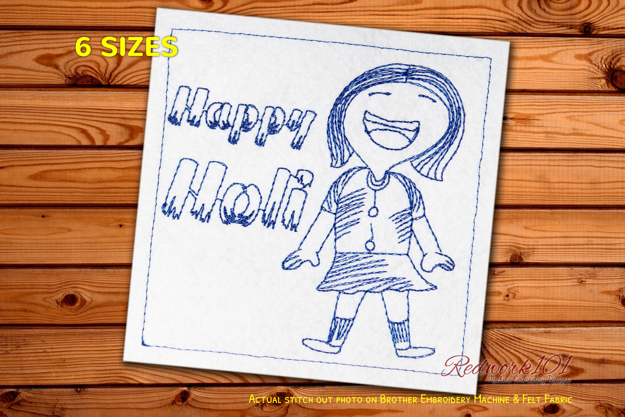 Happy Holi with Cute Girl Redwork