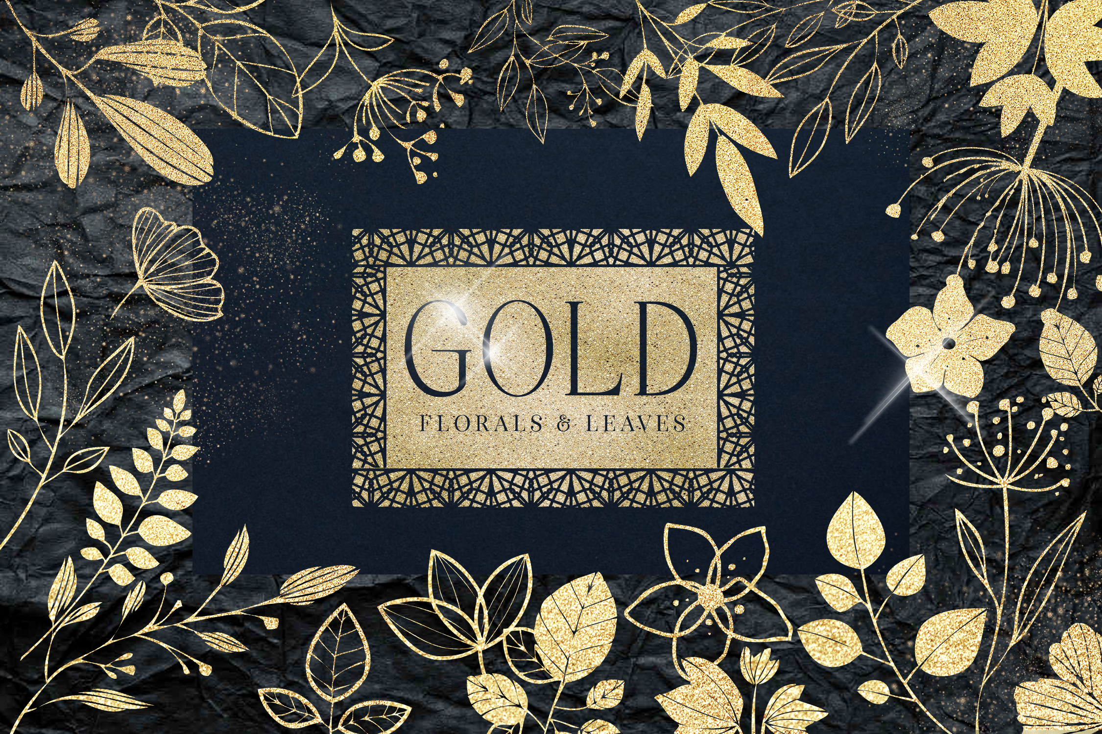 Gold Foil Textured Leaves Flowers PNG