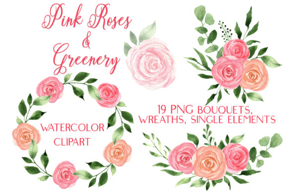 Watercolor Pink Roses & Greenery Clip Art Graphic Illustrations By outlander1746