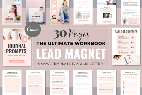 Blush pink Canva lead magnet workbook template for wellness and coaching content