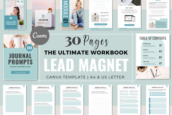 Pastel blue Canva lead magnet workbook with worksheet layouts