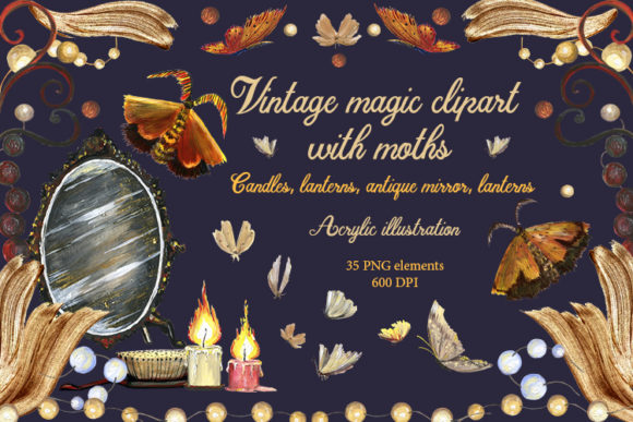 Vintage Magic Clipart with Moths. Candle