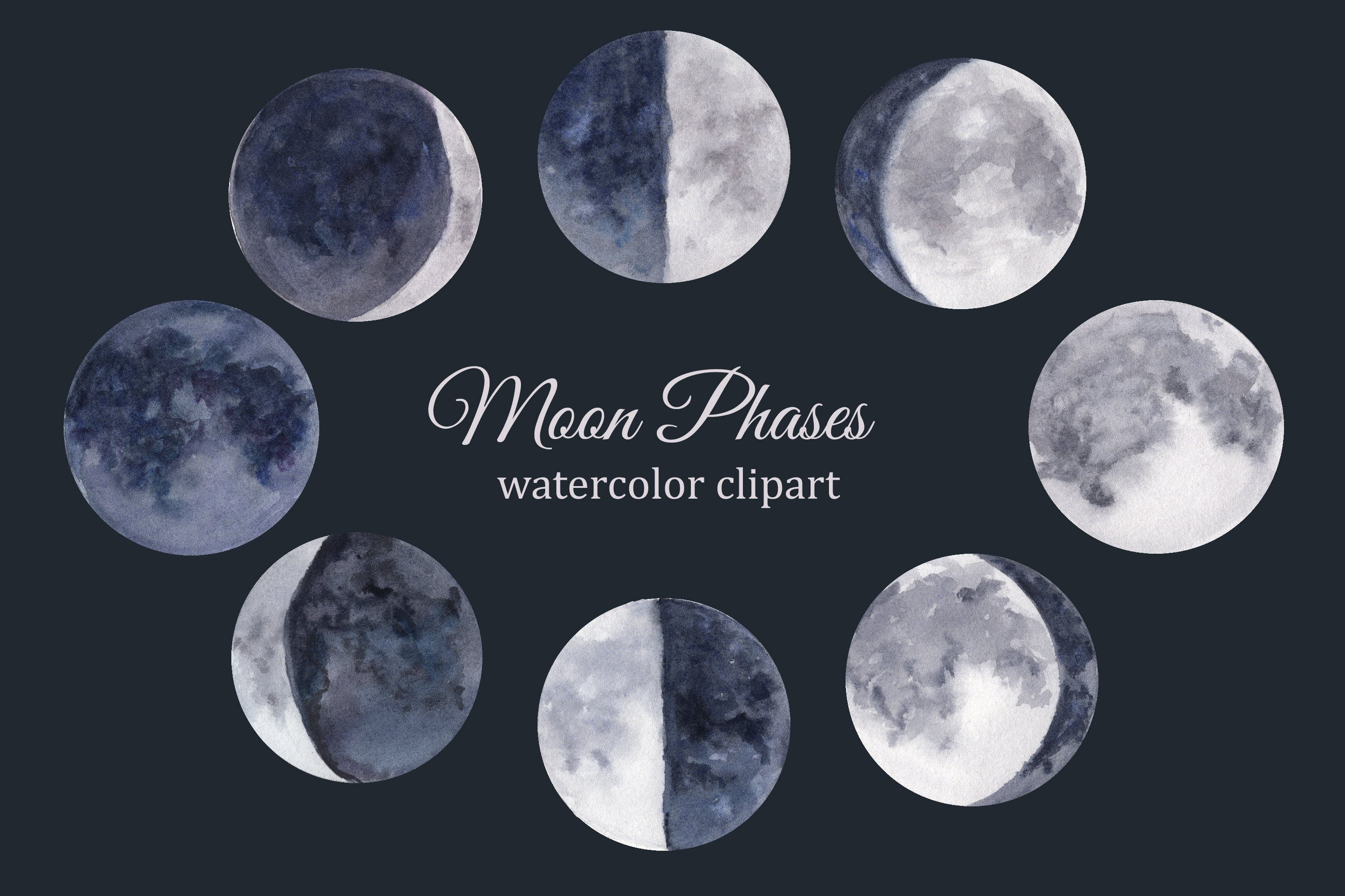 Moon phases watercolor clipart