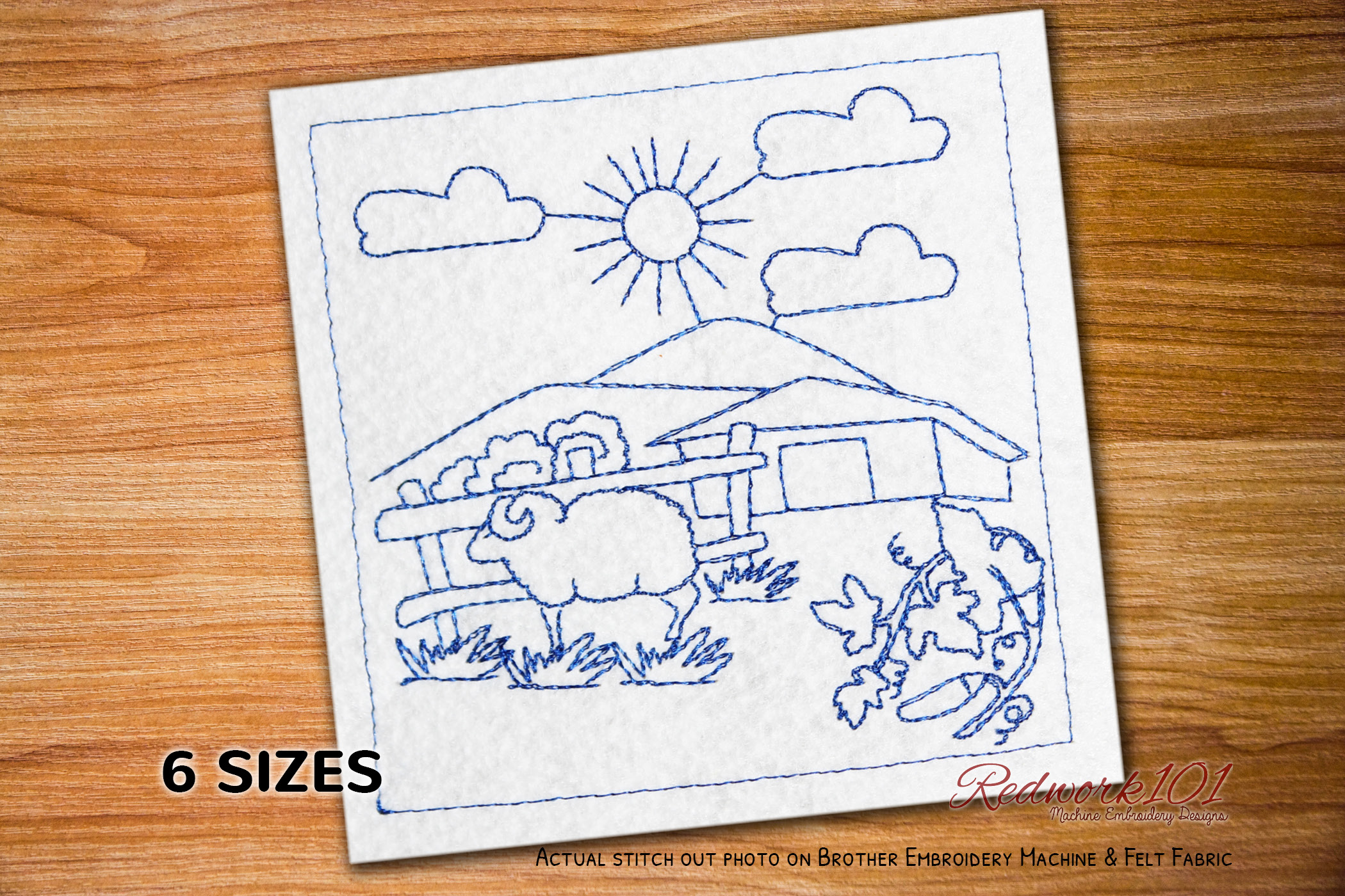 Village Scene Redwork Design
