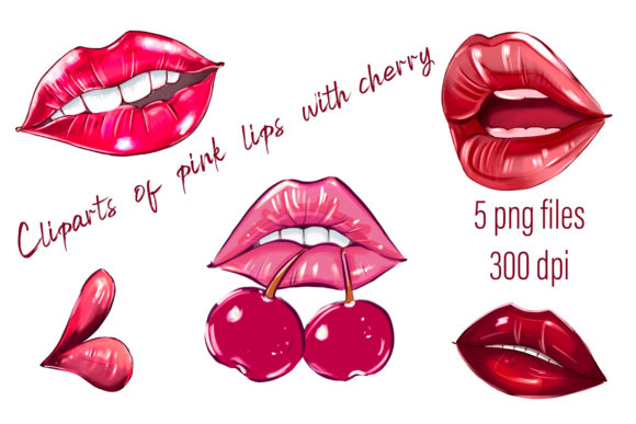 Cliparts of Pink Lips with Cherry Graphic Crafts By ElenaZlataArt