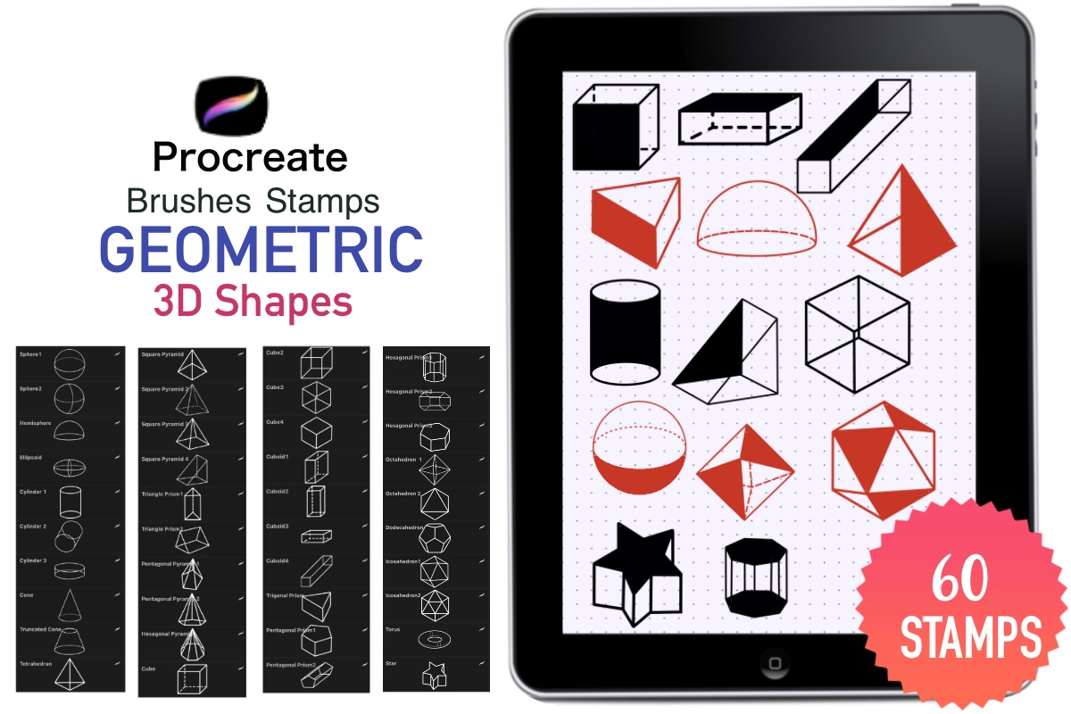 Procreate Stamps 60 Geometric 3D Shapes Graphic by Richy Bunny ...
