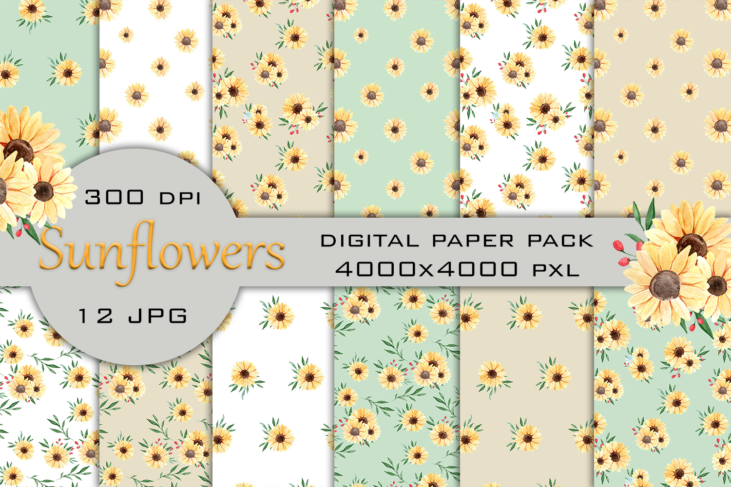 Watercolor Sunflower Digital Paper Pack Graphic by SleptArt · Creative ...