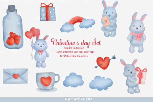 Valentine's Day Clipart with Cute Rabbit Graphic Illustrations By nattapohncha