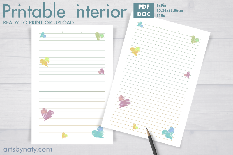 Hearts Printable Notebook KDP Interior.
