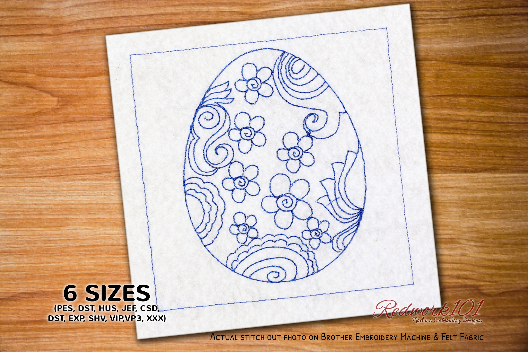 Easter Egg with Floral Ornament Redwork