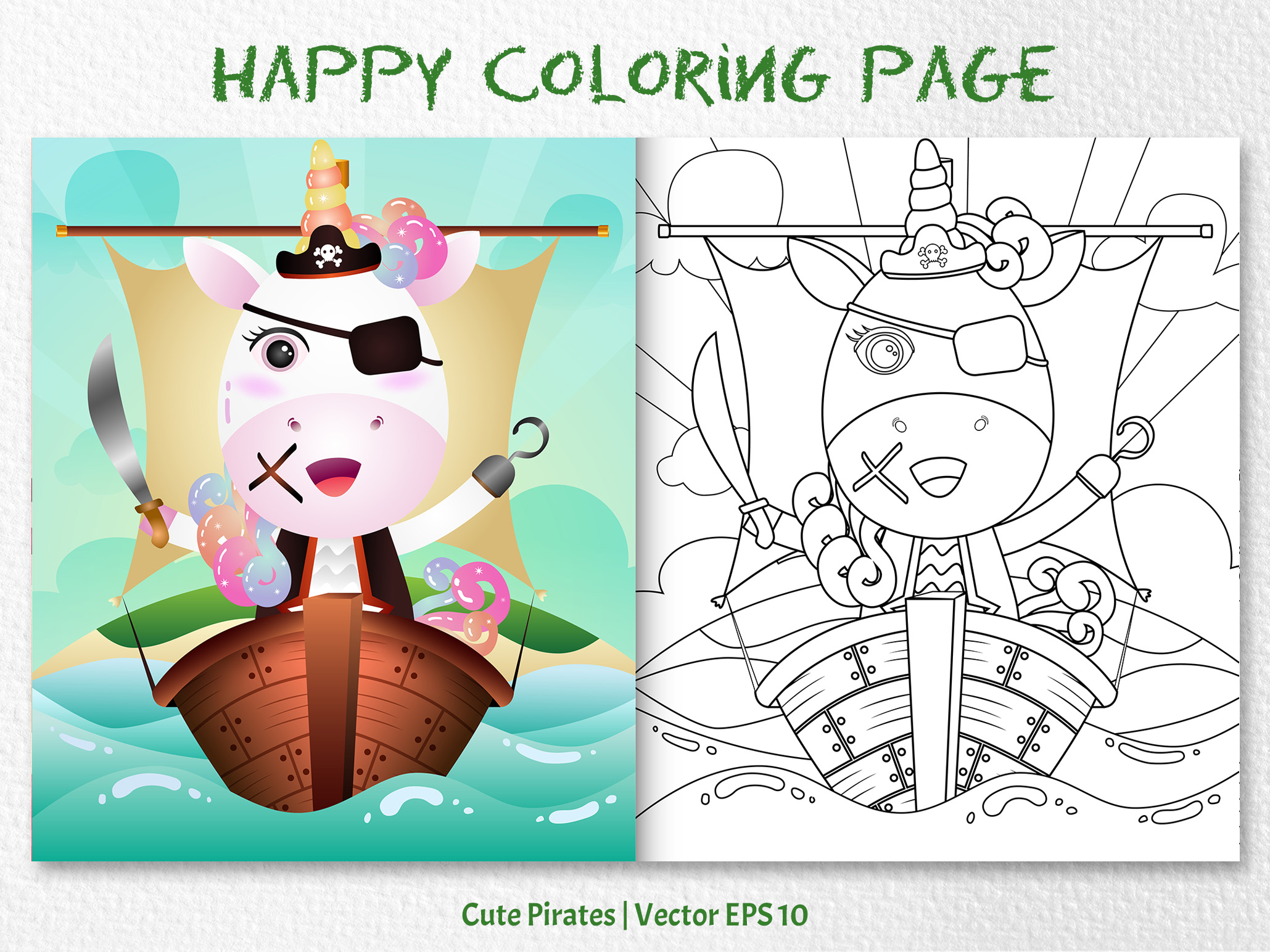 A Cute Unicorn Pirates - Coloring Page Graphic by wijayariko · Creative ...