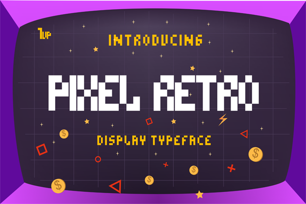 Pixel Retro preview, retro display font with vintage arcade character