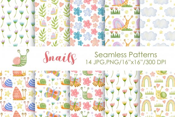 Watercolor Snail Seamless Patterns Illustration Modèles d'Impression Par Kira Art Story