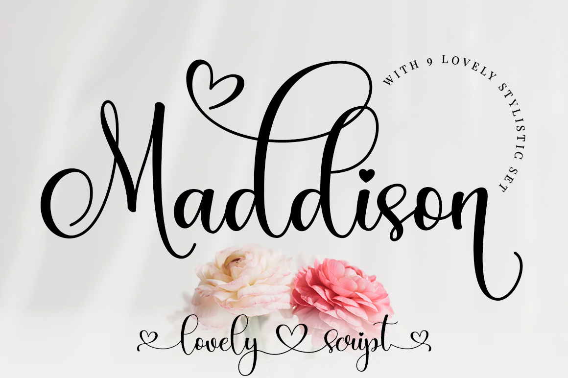 Maddison font specimen from Creative Fabrica showing the lettering style