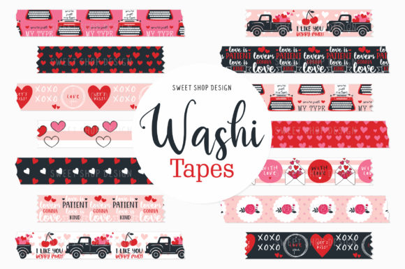Digital Washi Tape PINK RED HEARTS