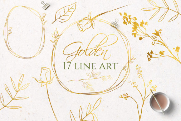 Gold Line Art Flowers Clipart