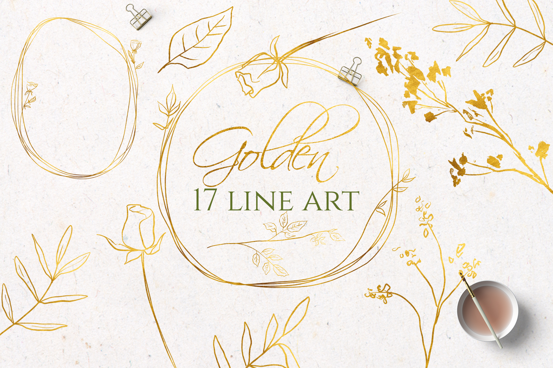 Gold Line Art Flowers Clipart