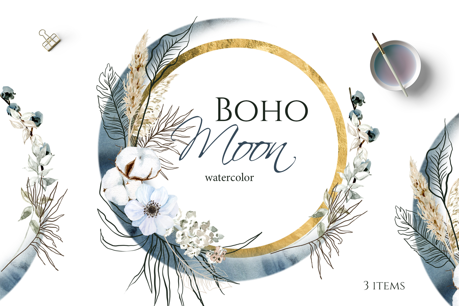 Boho round floral frame with blue moon