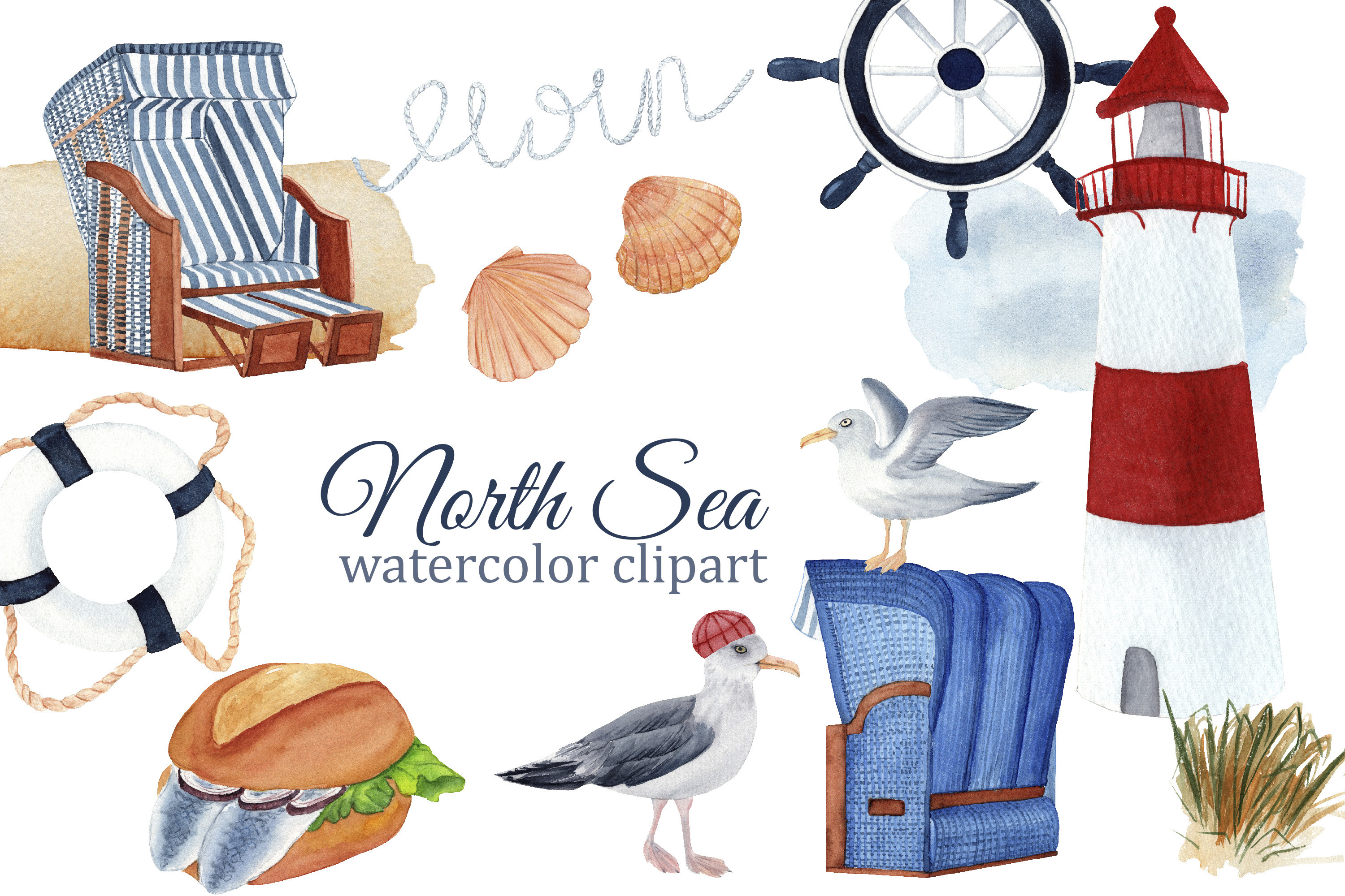 North Sea Nautical Watercolor Clipart - photo 1