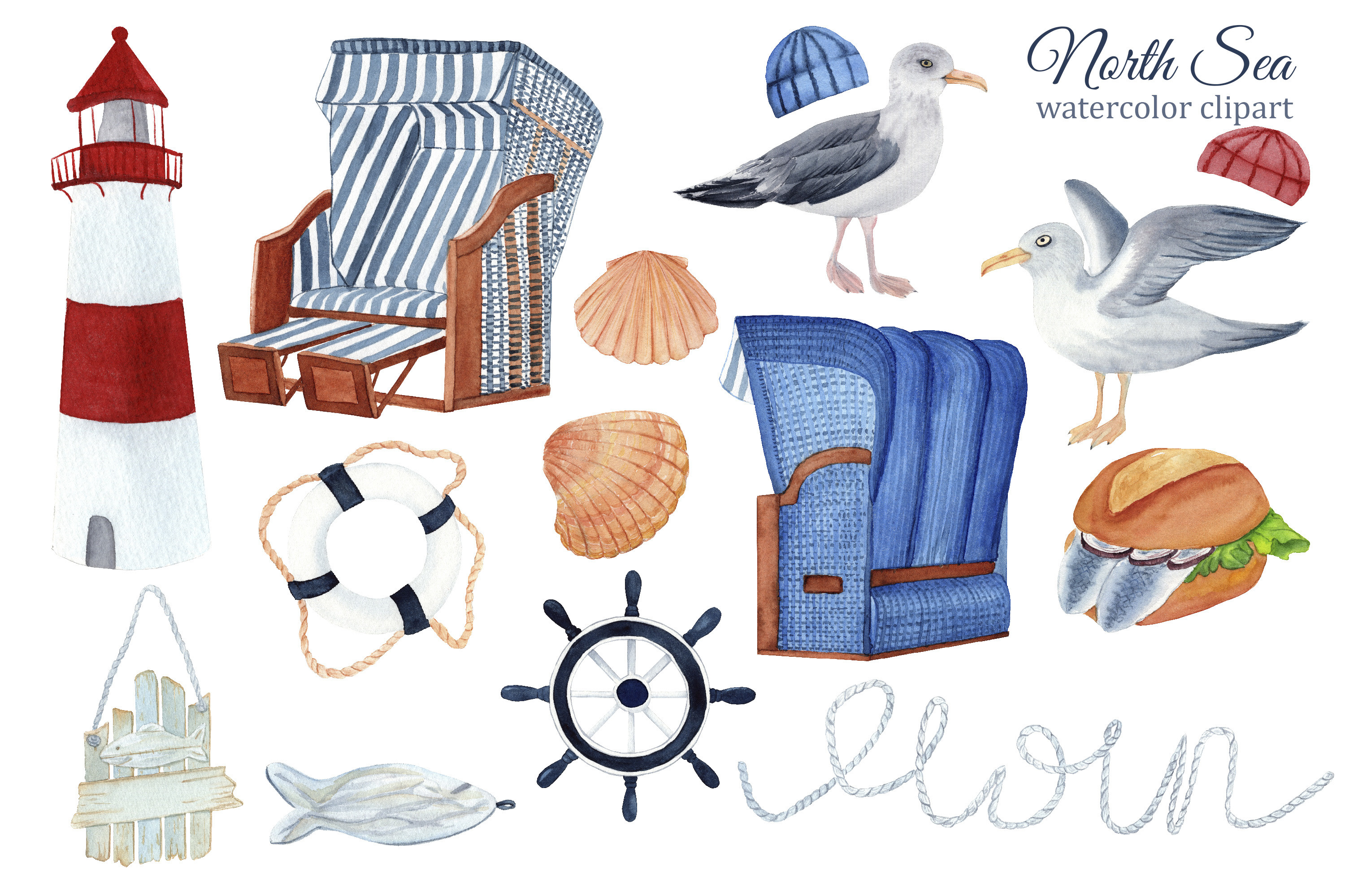North Sea Nautical Watercolor Clipart - photo 2