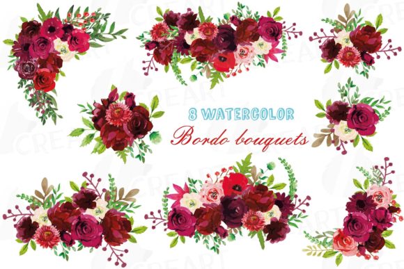 Boho Burgundy Floral Bouquets Clip Art Graphic Print Templates By CreartGraphics