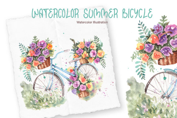 Watercolor Summer Bicycle Graphic Illustrations By tanatadesign