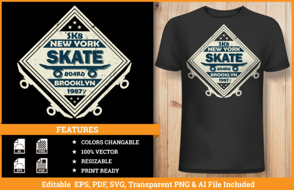 Skateboard Typography T-shirt Brooklyn Grafica Illustrazioni Stampabili Di hamjaiu