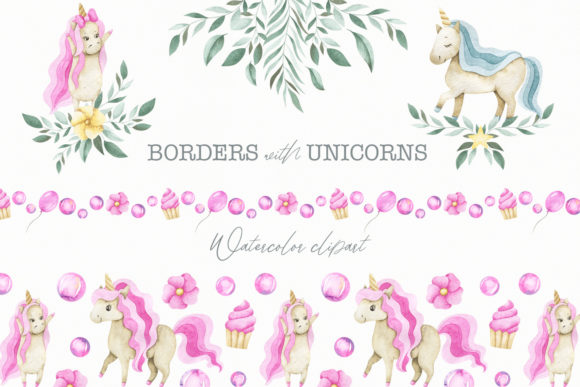 Borders and Arrangements with Unicorns Graphic Illustrations By Orange Peafowl Art