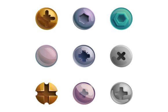 Screw Bolt Head Icon Set, Cartoon Style