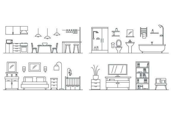 House Interior Banner Set, Outline Style