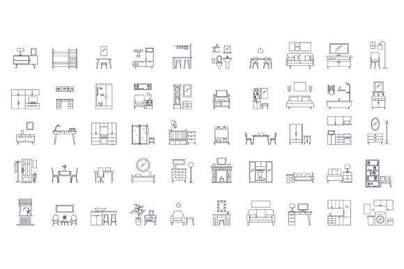 Interior Room Objects Icons Set, Outline