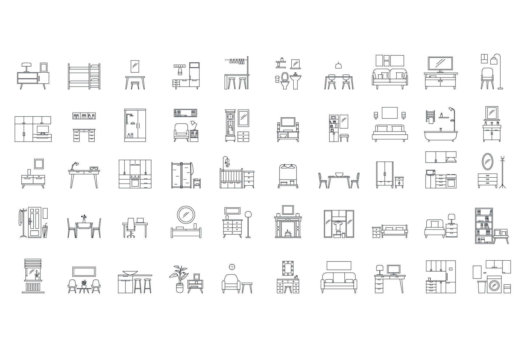 Interior Room Objects Icons Set, Outline