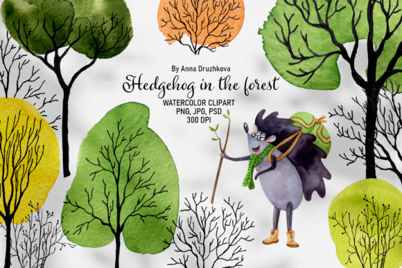 Hedgehog in the Forest Clipart, Patterns Graphic Illustrations By ann-watercolor