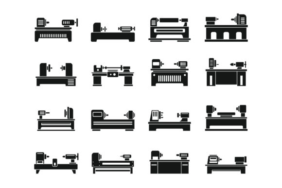 Lathe Automated Icons Set, Simple Style
