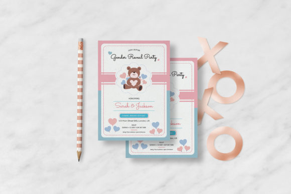 Pink and blue gender reveal invitation showing two-color design for boy or girl