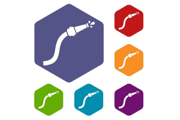 Fire Hose with Water Drops Icons Set