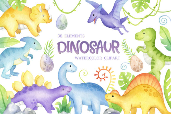 Watercolor Cute Dinosaur Clipart Graphic Illustrations By SipkaDesigns