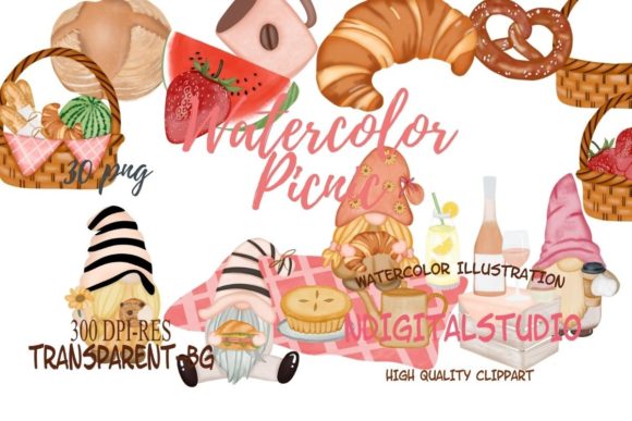 Watercolor Gnomes Picnic Clipart. Grafik Druckbare Illustrationen Von Ndigitalstudio
